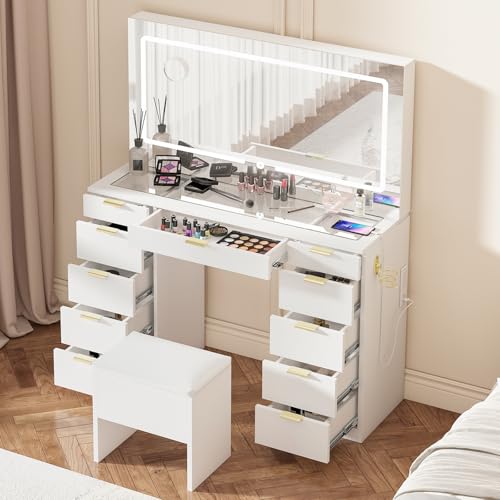 Farmhouse Vanity Desk with Sliding Lighted Mirror & Stool, Vanity Dresser Combo, Large Makeup Vanity with 8 Storage Shelves, 5 Drawers