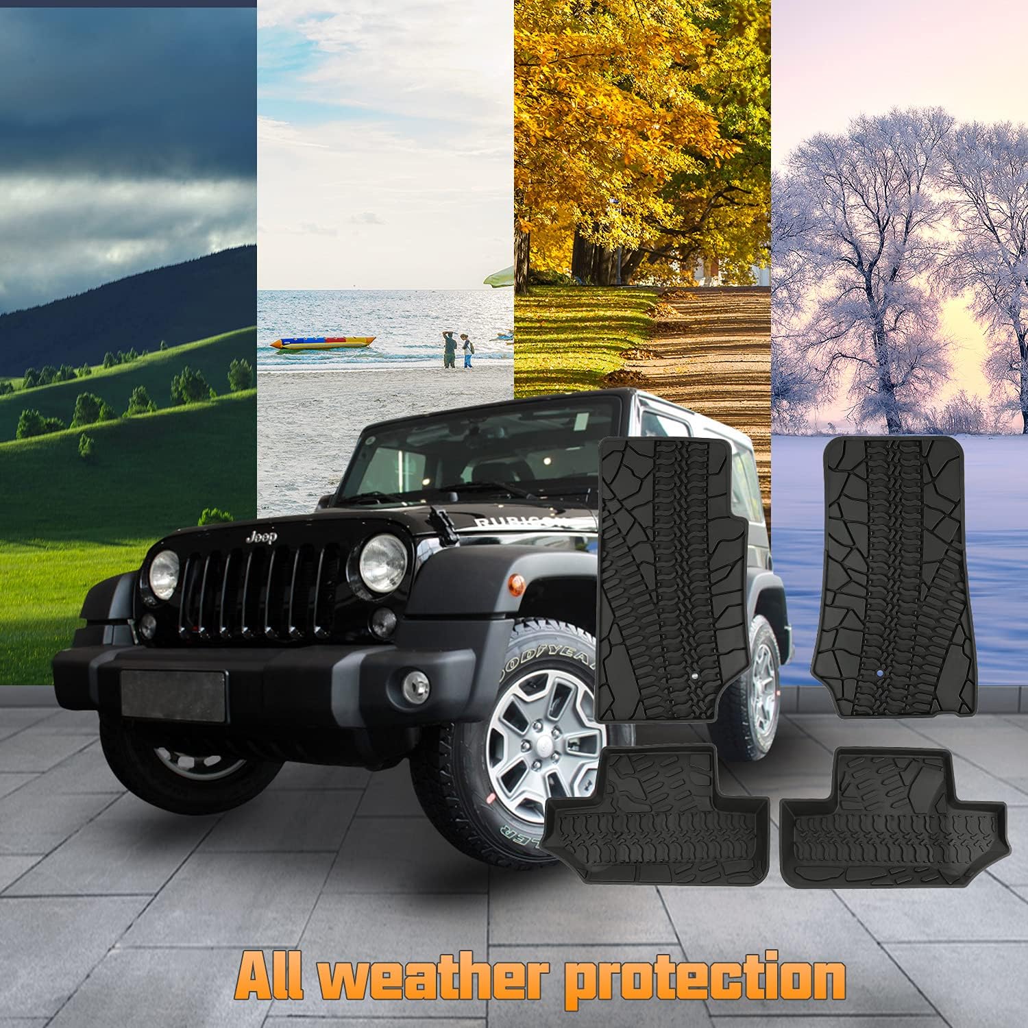 Winunite Black Slush Floor Mats Compatible with Jeep Wrangler JK 2 Door 2007-2013 Front and Rear Row All Weather Protector Mat TPE Floor Carpet Liner