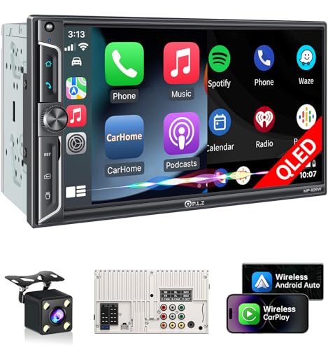 PLZ 7" Wireless Double Din Car Stereo Apple Car Play Radio Carplay Android Auto QLED Touch Screen, Bluetooth 5.3 Audio Receivers, 1080P Backup Camera