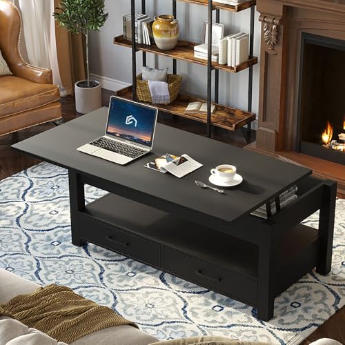 Rolanstar Coffee Table, Lift Top Coffee Table with Drawers and Hidden Compartment, Retro Central Table with Wooden Lift Tabletop, for Living Room