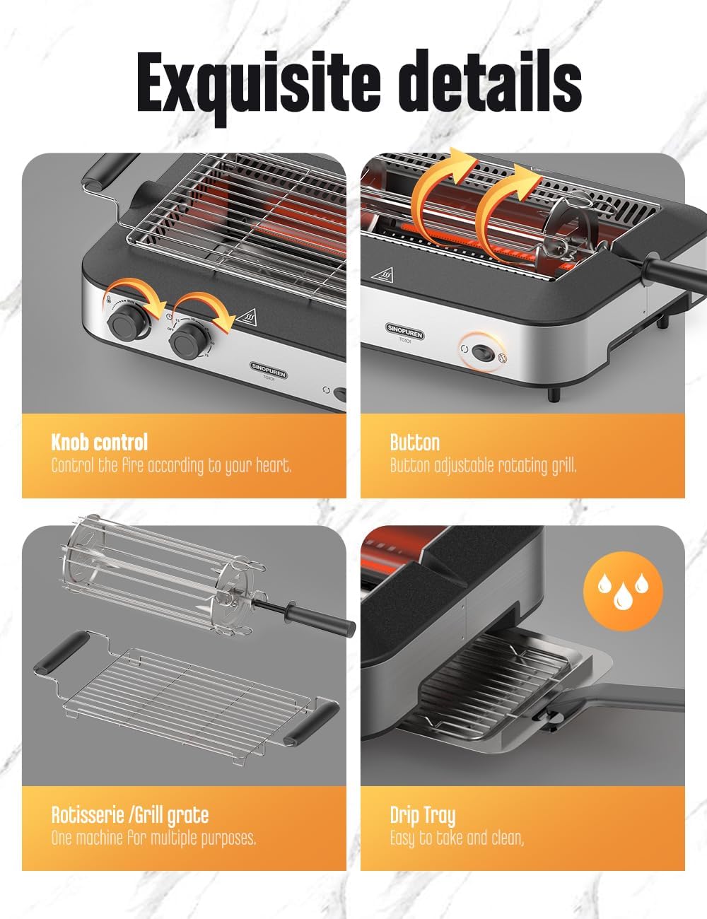 Electric Grill, Indoor BBQ Rotisserie, with Adjustable Temperature Control, Removable Grill & Griddle Nonstick Plates, 1600w Fast Heat Up