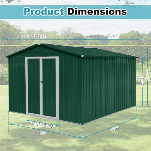 8x6 FT Outdoor Storage Shed, Metal Tool Shed with Lockable Doors, Peaked Roof & Frame Floor