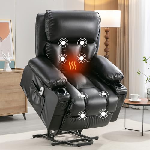 FLEXISPOT XL31 Power Lift Recliner Chair for Elderly, Electric Lift Chair with Massage & Heat, PU Leather Reclining Sofa w/Cup Holders