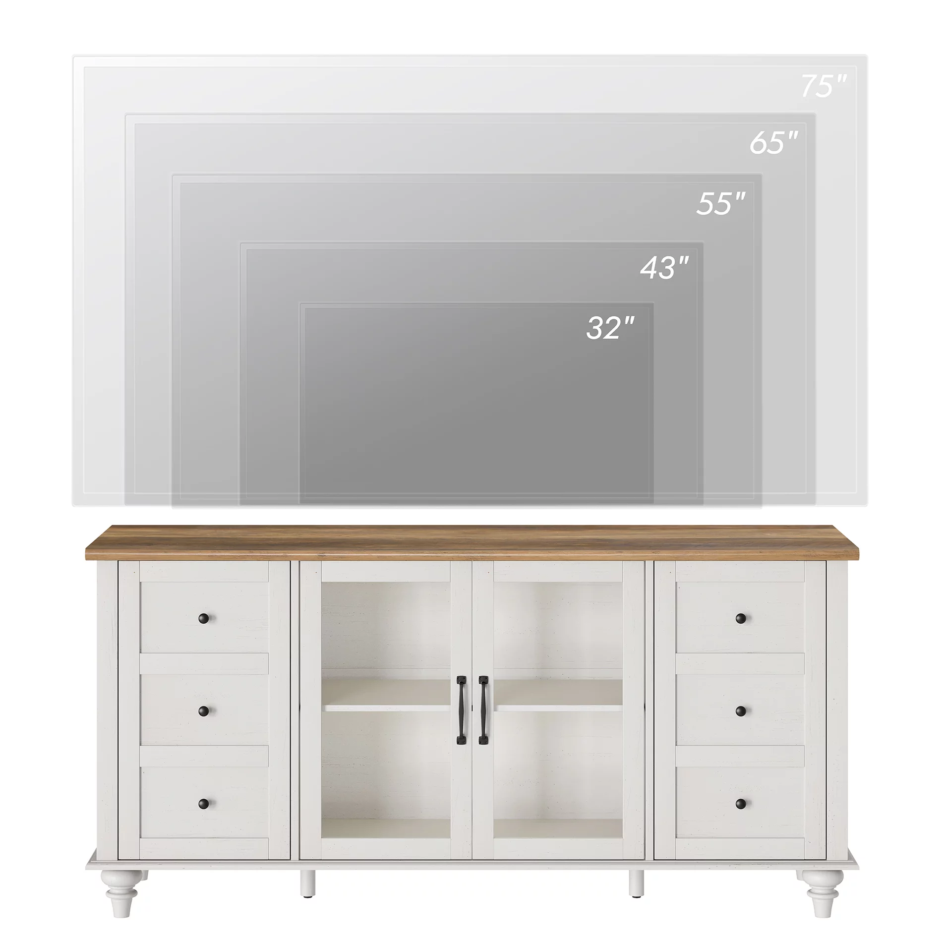 WAMPAT 4-Door Farmhouse TV Stand for TVs Up to 65 inch,Glass and Wood Universal TV Stand with 4 Storage Cabinets