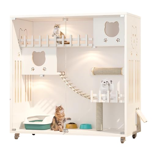 Enclosed Cat Condo, Large Space Cat Cage with Scratching Post, Wooden Indoor/Outdoor Cat Enclosure, Multi-Feature Cat Houses Ventilation Glass Doors