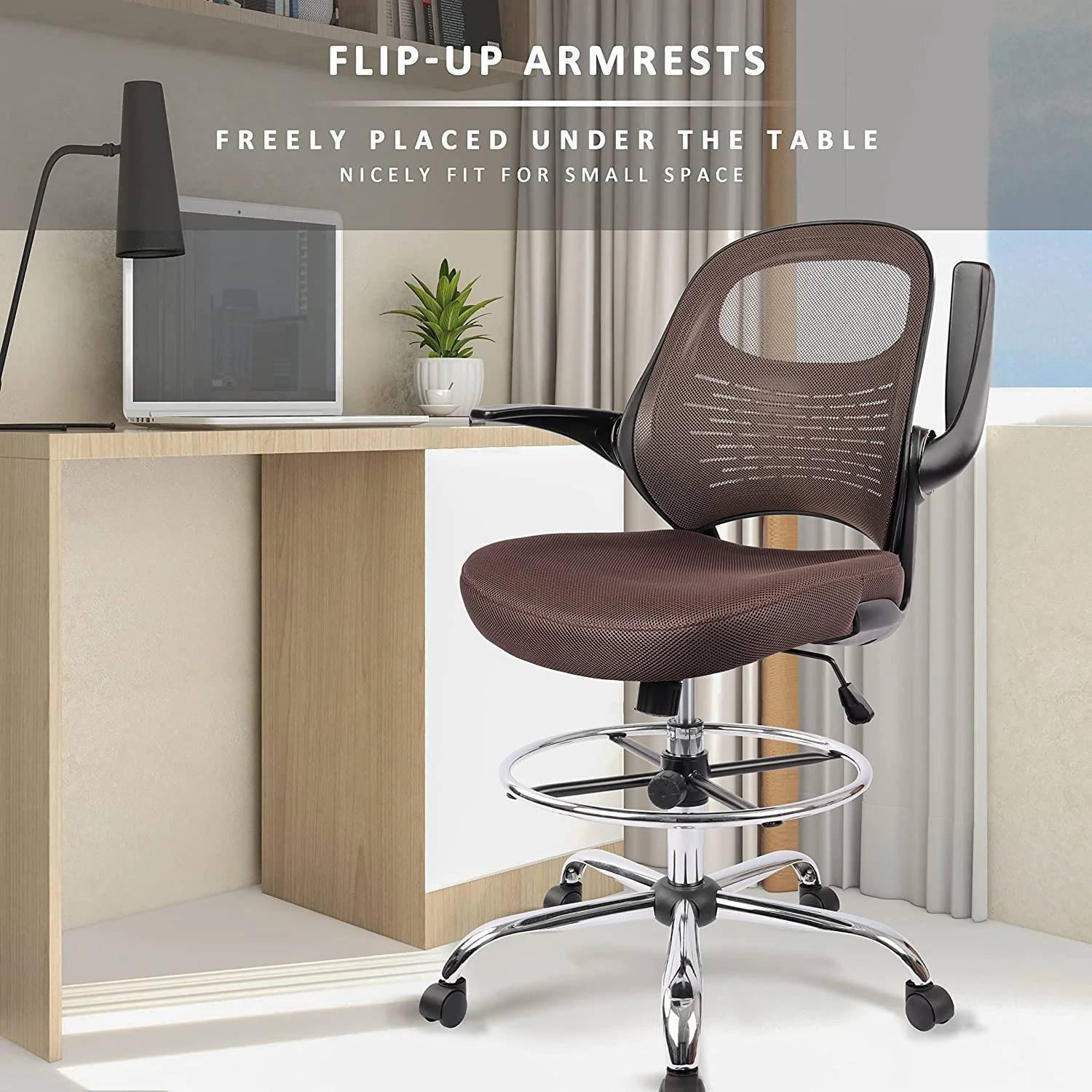 Drafting Chair, Tall Office Chair for Standing Desk, Brown Mesh Drafting Desk Chair with Flip-Up Arms, Adjustable Height and Foot Ring