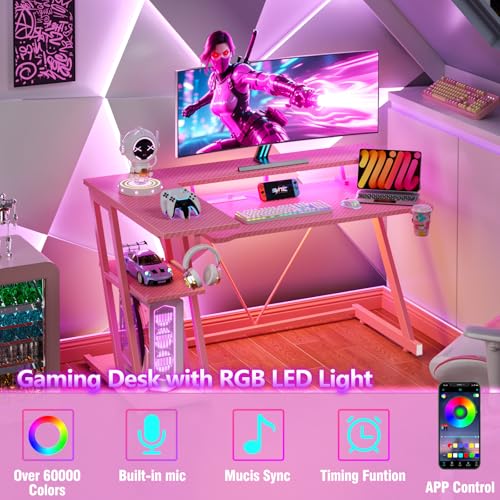 55 Inch Gaming Desk with Power Outlet & LED Lights, L Shaped Gamer Computer Table with Storage Shelves for Bedroom, Corner Home Office Desk