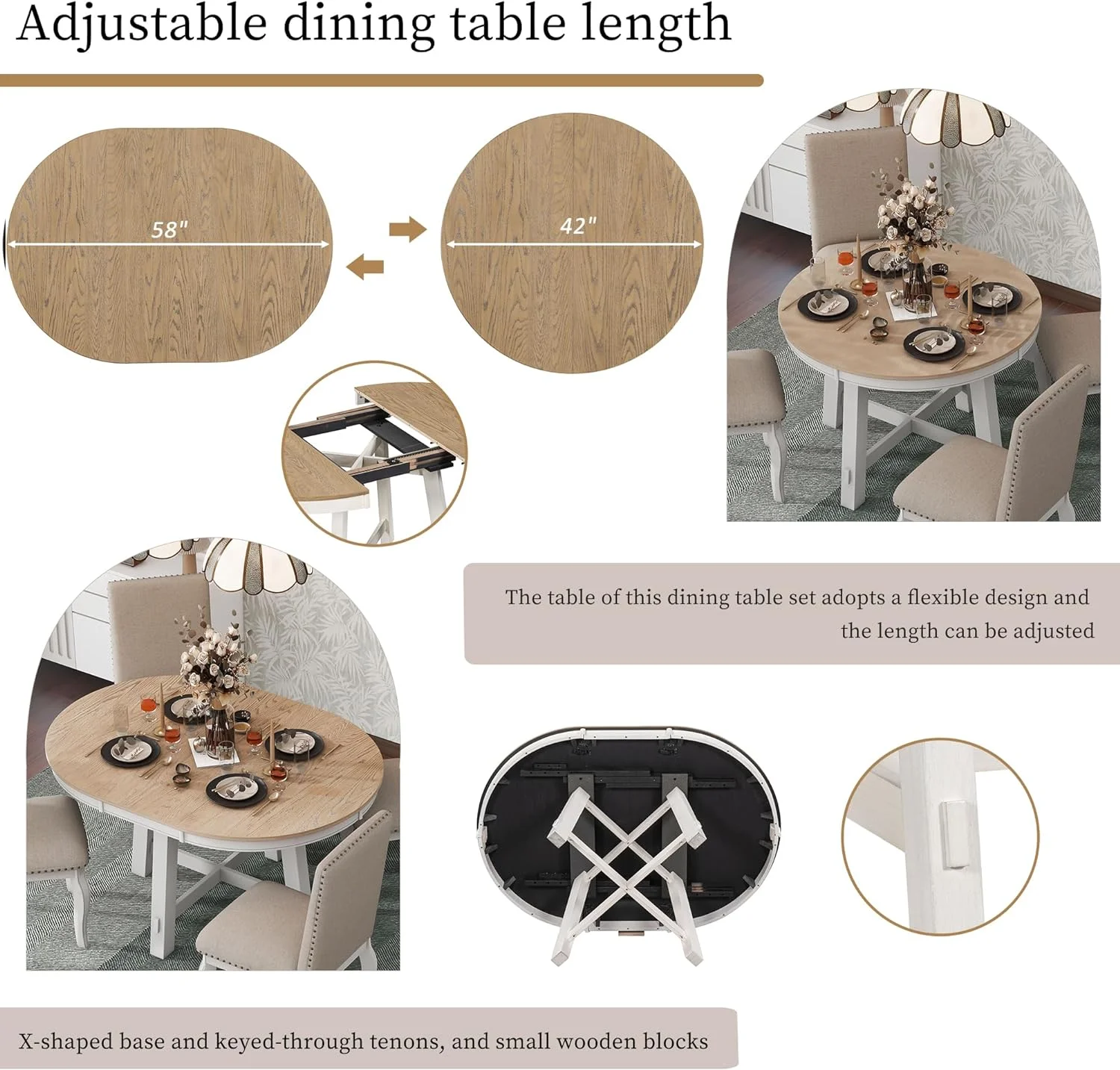 5-Piece Farmhouse Extendable Round Dining Table and Upholstered Chair Set, Round Dining Table with Shelf, Wood Dining Table Set for Family Dining Area