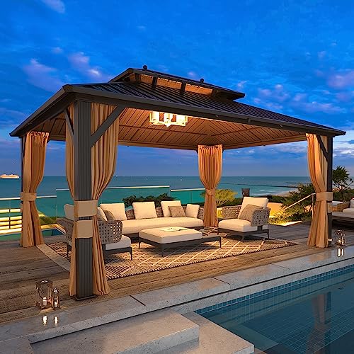MELLCOM 10'x13' Hardtop Gazebo with Polycarbonate Double Roof, Aluminum Frame Outdoor Gazebo Permanent Pavilion with Curtains and Netting for Patio