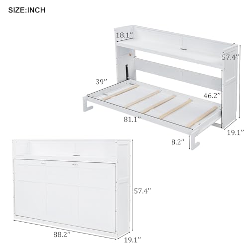 Queen Size Farmhouse Murphy Bed Cabinet with Charging Station, Foldable Platform Bed Frame with 2 Storage Drawers