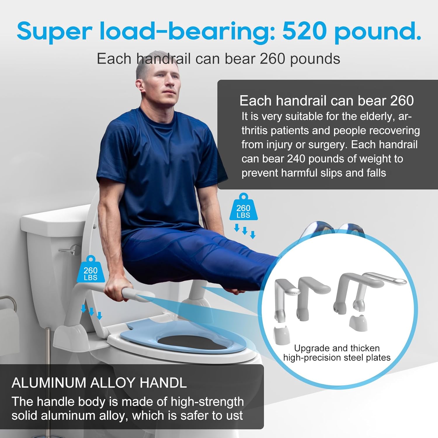 Toilet Safety Rails for Elderly (520 lbs), Handicap Toilet Rails with Foldable Handles, Toilet Assist Rails, Toilet Rails for Seniors