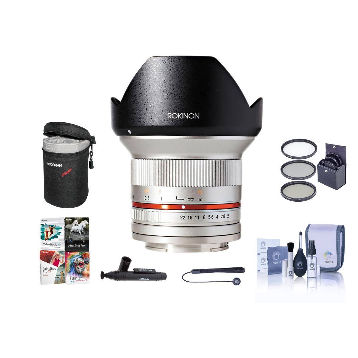 Rokinon 12mm f/2.0 Ultra Wide Manual Focus Lens for Fujifilm x Mount Silver - Bundle with 67mm Filter Kit Lens Case Cleaning Kit