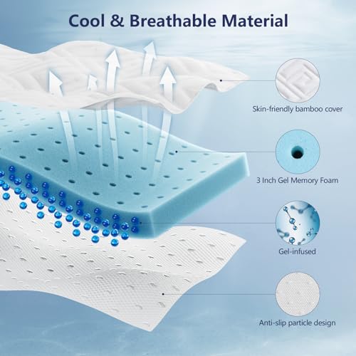 Memory Foam Mattress Topper - 3 Inch Gel Mattress Pad for Pressure Relief, Premium Soft Cooling Sleep Bed Topper
