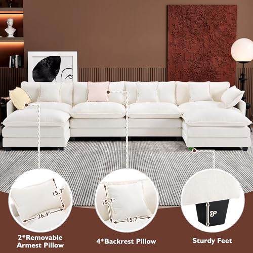 Ihanherry 111.4" U Shaped Modern Cloud Sofa Modular Sectional Couch with 2 Ottoman, 5-Seat Chenille Deep Seat Sofa with Pillow for Living Room