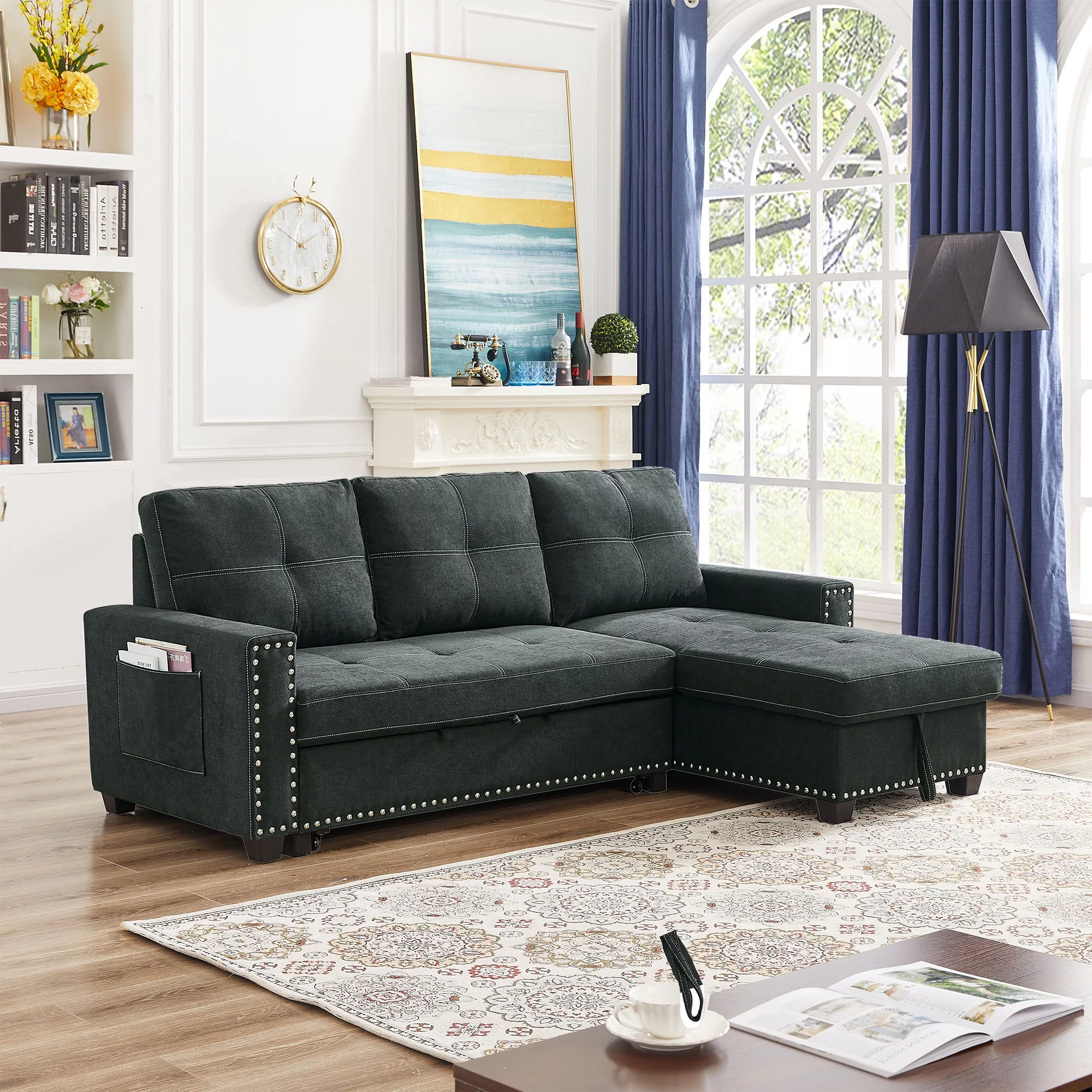 Muumblus 82" Sleeper Sofa Bed Reversible Sectional Couch with Storage Chaise, Modern Queen Size Convertible Pull Out Sofa Bed for Living Room