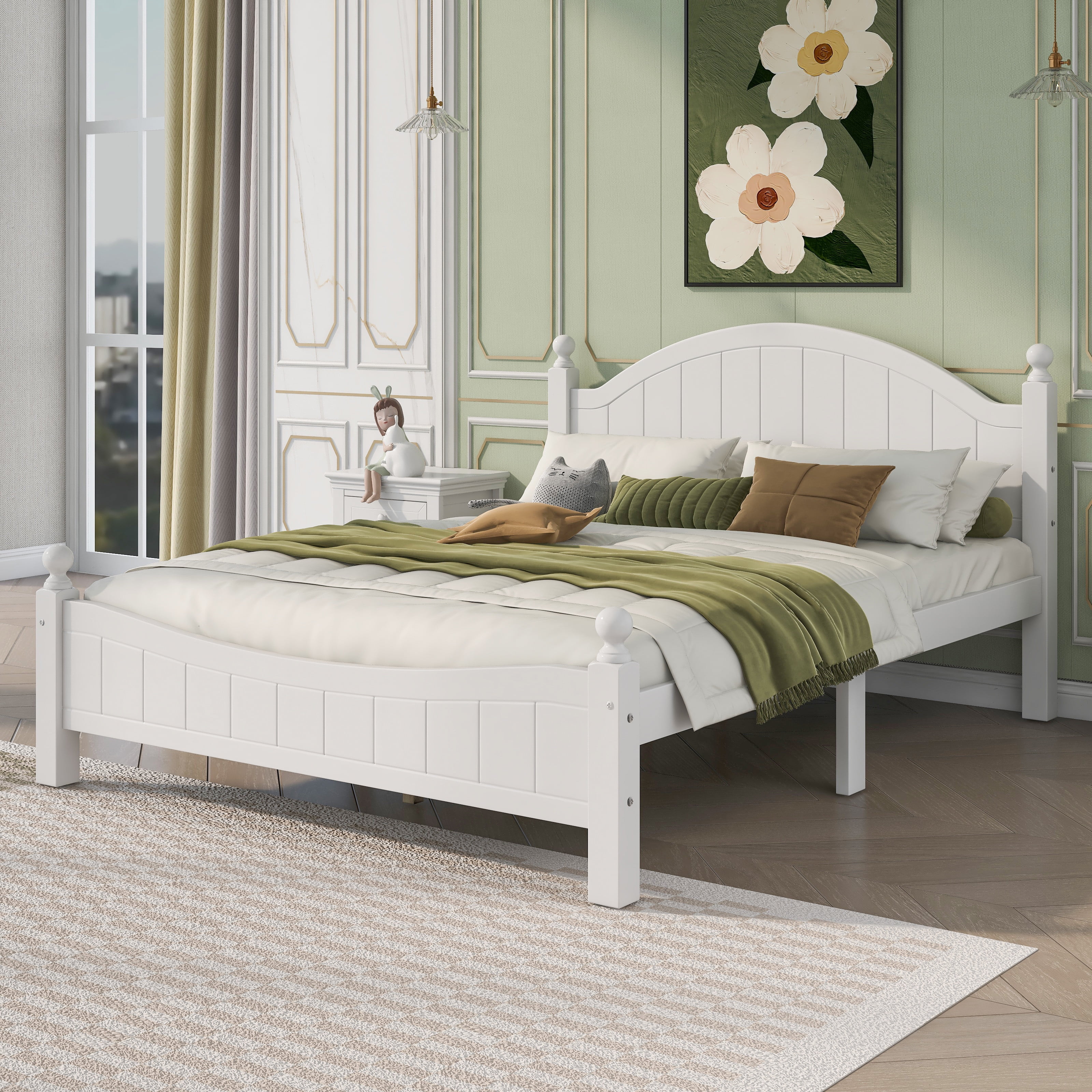 Paproos Queen Size Bed Frame, Solid Wood Platform Bed with Headboard and Footboard, No Box Spring Needed, White