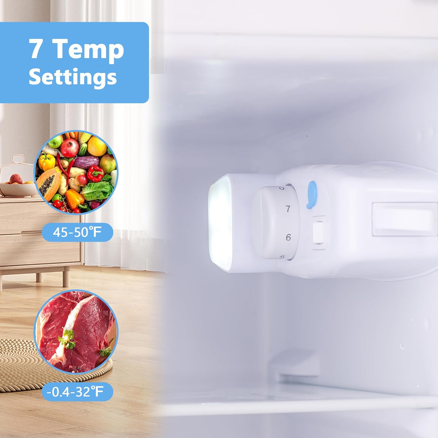 Mini Refrigerator with Freezer 3.5 Cu.Ft, Small Refrigerator with 7 Settings Temperature, Adjustable Shelves, 2 Doors, Low Noise