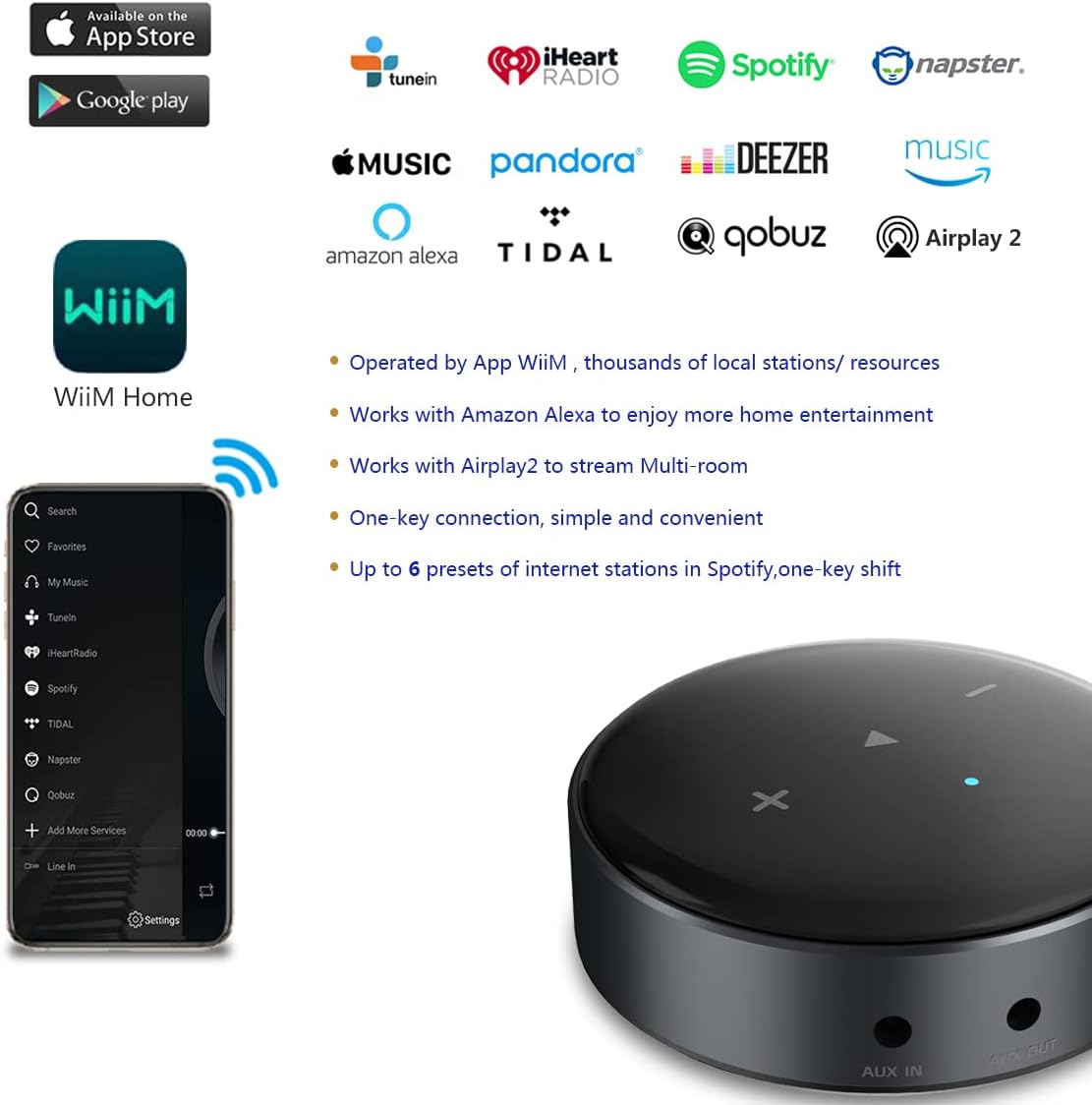 Wiim Mini Airplay 2 Music Streamer WiFi/Bluetooth Wireless Connection, Multiroom/Multizone Stereo Receiver Audio Adapter