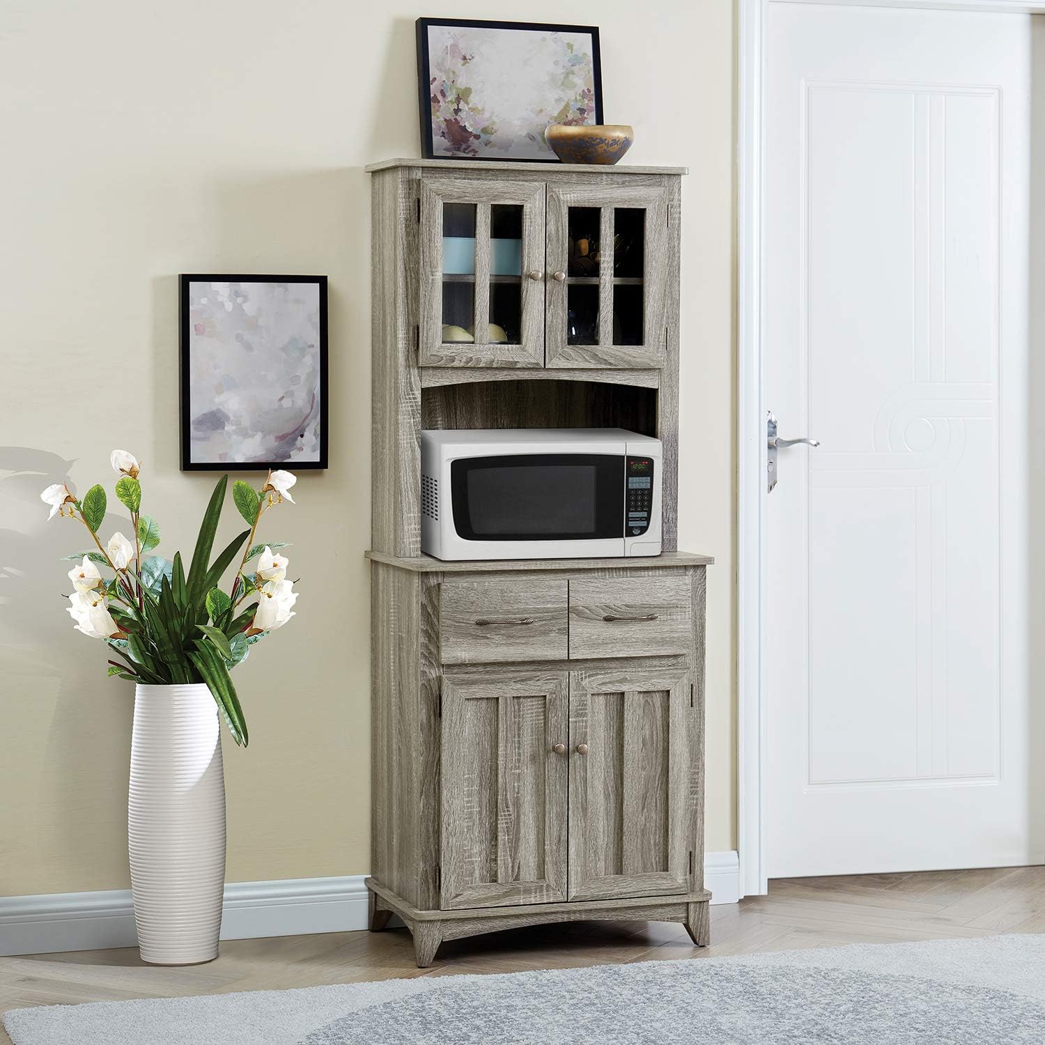 Home Source Gray Microwave Stand with Top and Bottom Cabinets