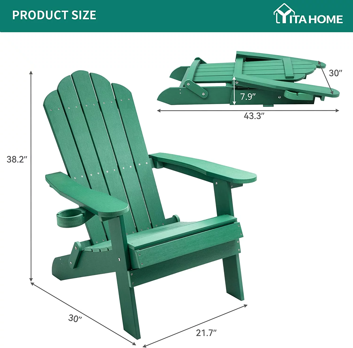 DWVO Folding Adirondack Chair Set of 4, Heavy Duty Foldable Plastic Outdoor Chairs with Rotatable Cup Holder