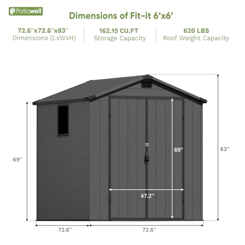 Patiowell 6 x 8 FT Plastic Outdoor Storage Shed with Floor, Resin Outside Tool Shed with Two Windows and Lockable Easy to Install, Door for Garden