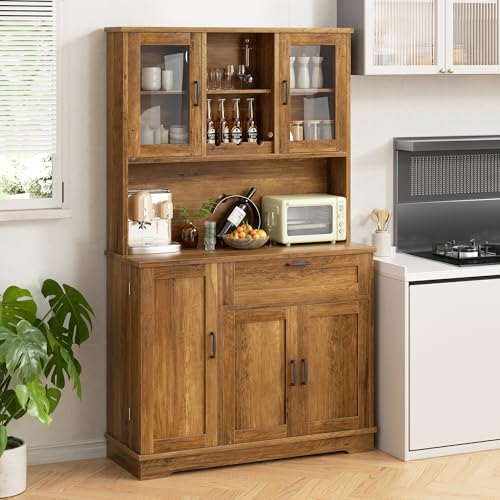 Shintenchi Kitchen Pantry Storage Cabinet, Freestanding Buffet Cabinet with Microwave Stand & 4 Door Shelves, Kitchen Hutch with Doors