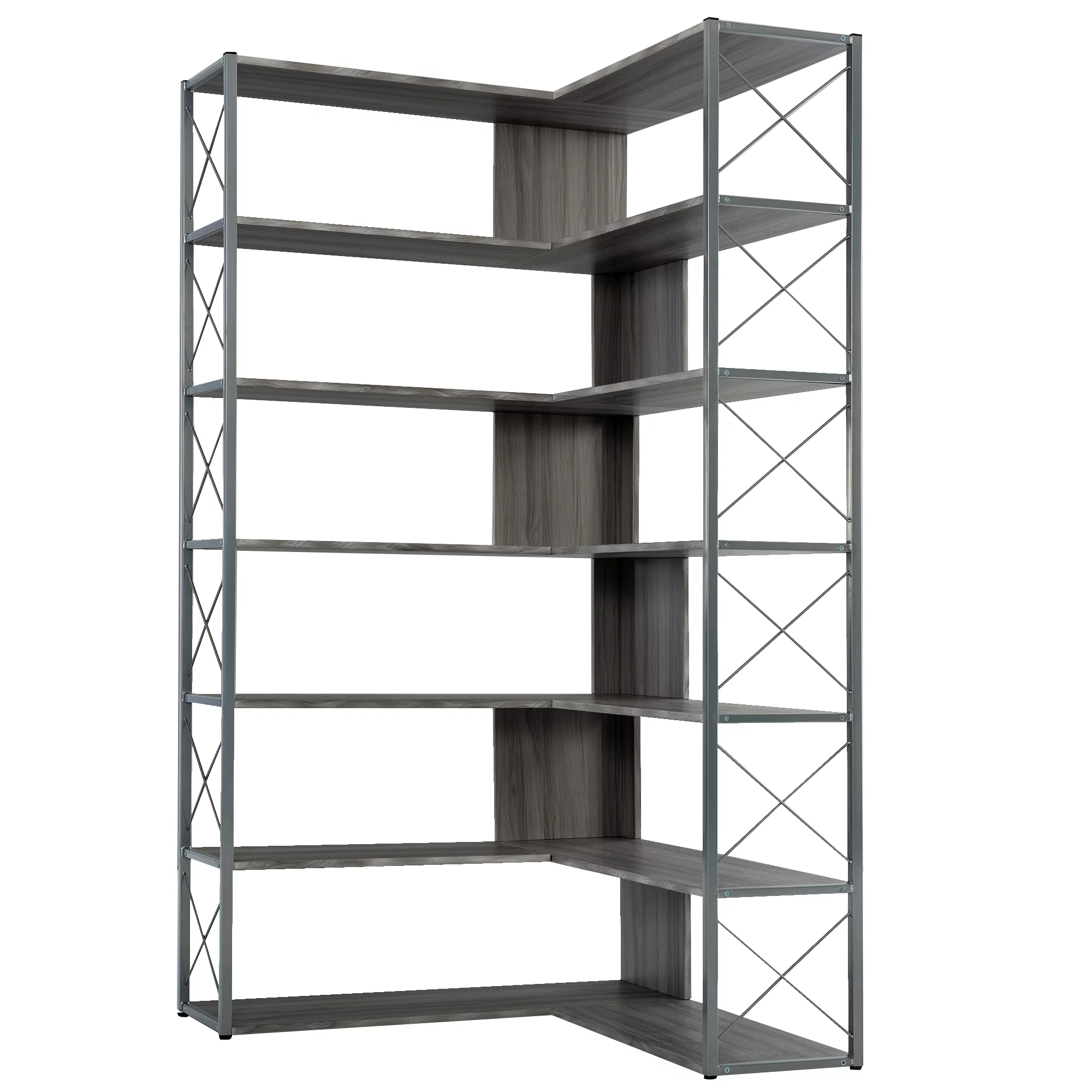 Industrial 7 Tier L-Shaped Corner Bookshelf, Large Home Office Bookcase with Metal Frame, Tall Storage Shelf Display Rack
