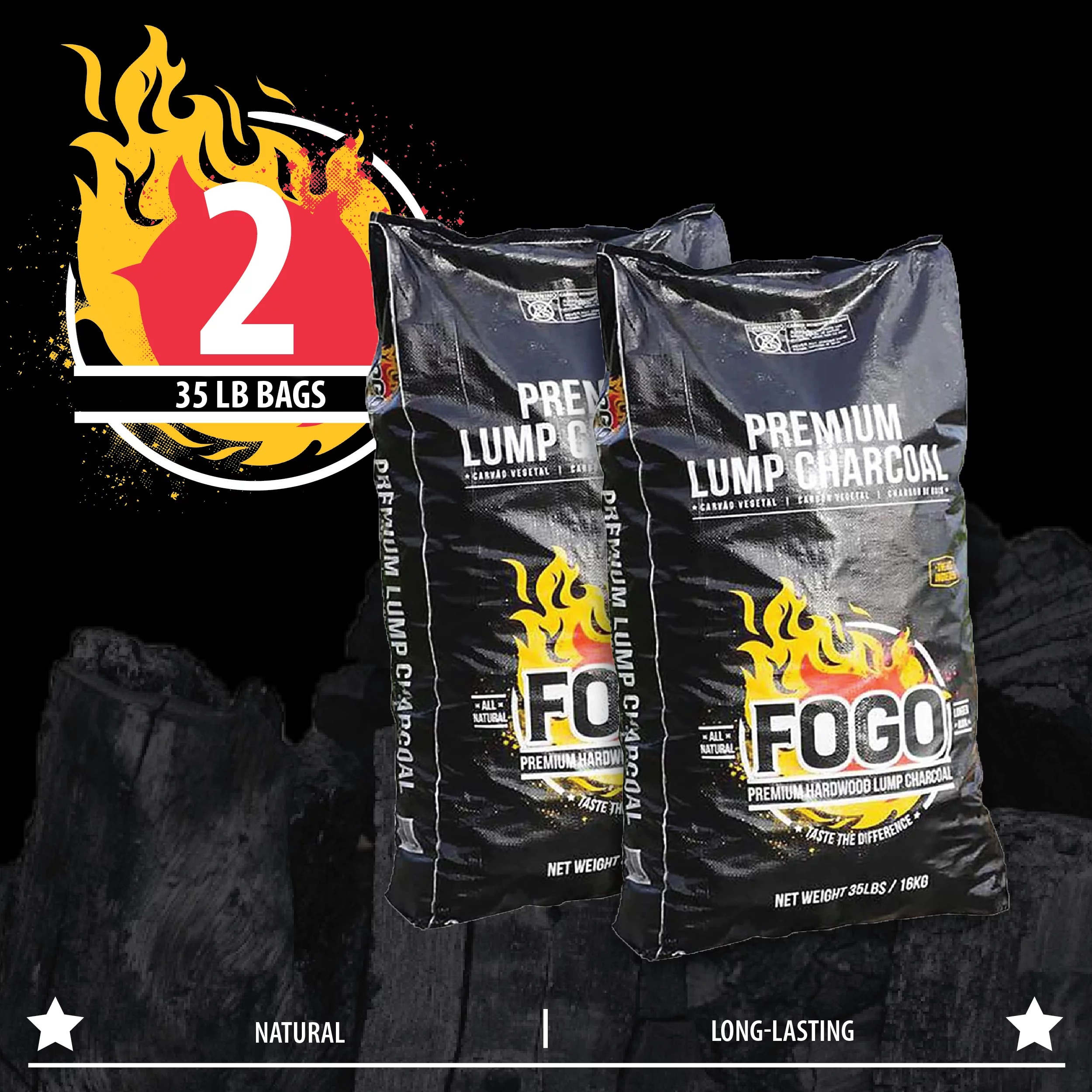 FOGO Premium Oak Restaurant Grade All-Natural Hardwood Flavor Lump Charcoal Fuel for Ideal Grilling and Smoking, 35 Pound Bag, 2-Pack