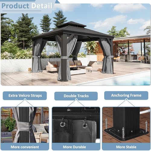 Aoxun 10' X 12' Hardtop Gazebo, Aluminum Outdoor Gazebo with Galvanized Steel Double Top Canopy