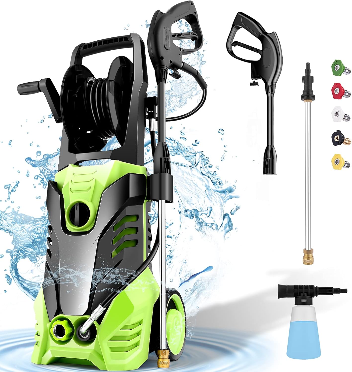 Homdox 1.72GPM Pressure Washer 1500W Electric Power Washer with 5 Nozzles,Longer Cables and Hoses,for Cleaning Cars, Driveways, Garden (Green)