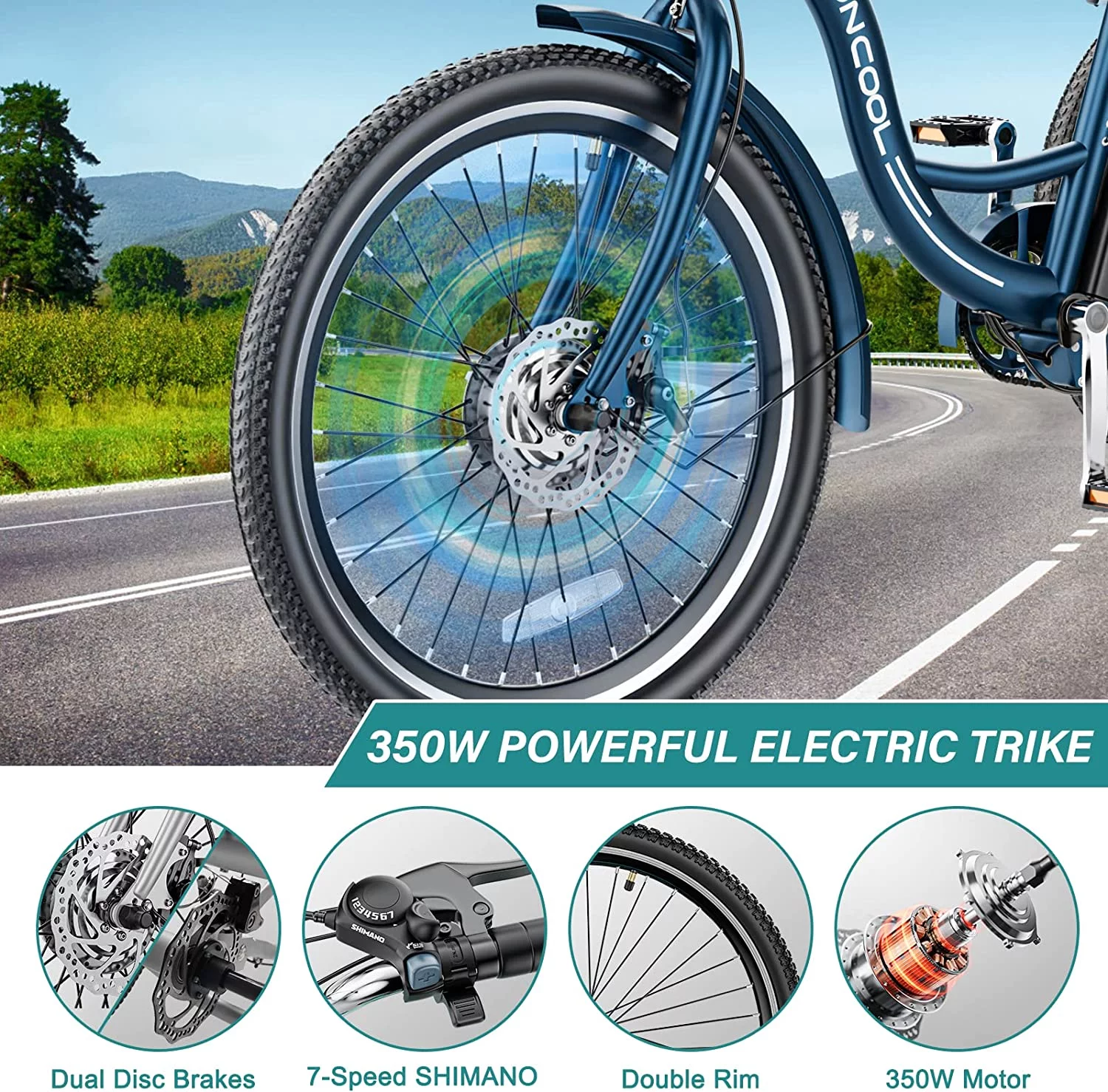 MOONCOOL 350W Motorized Electric Trike, 7 Speed 3 Wheel Electric Bicycle with 36V 14.5Ah Lithium Battery UL Certified