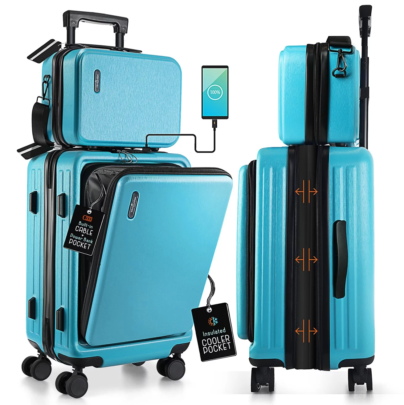 StorageBud 20 inch Hardside Carry-On Expandable Luggage, Front Pocket Luggage Set Spinner Suitcase Set, Teal