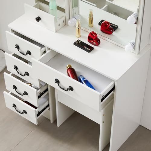Vanity Desk with Mirror & Light,Makeup Vanity Table with Power Strip,Dressing Table Set with Large Drawers, White (VAN-07)