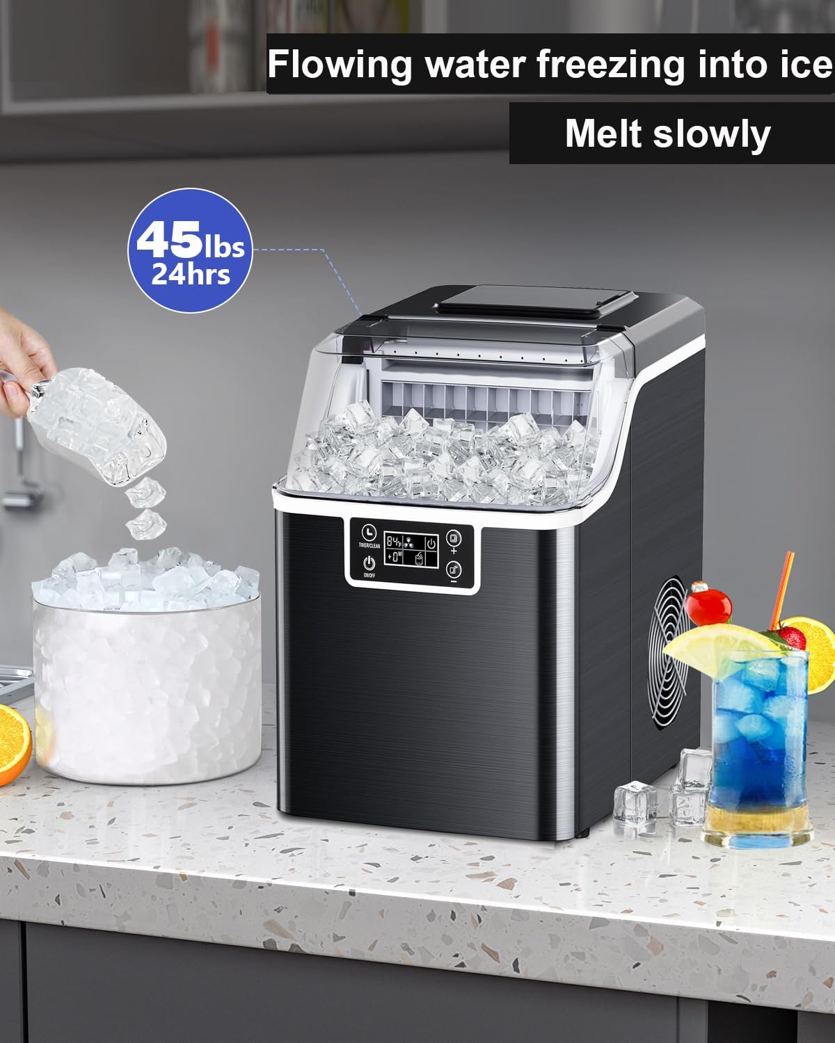 Kndko Ice Makers Countertop 45lbs,2-Ways Add Water,Ice Maker Self Cleaning,Ice Size Control,24H Timer,Party Countertop Ice Maker for Home Bar RV