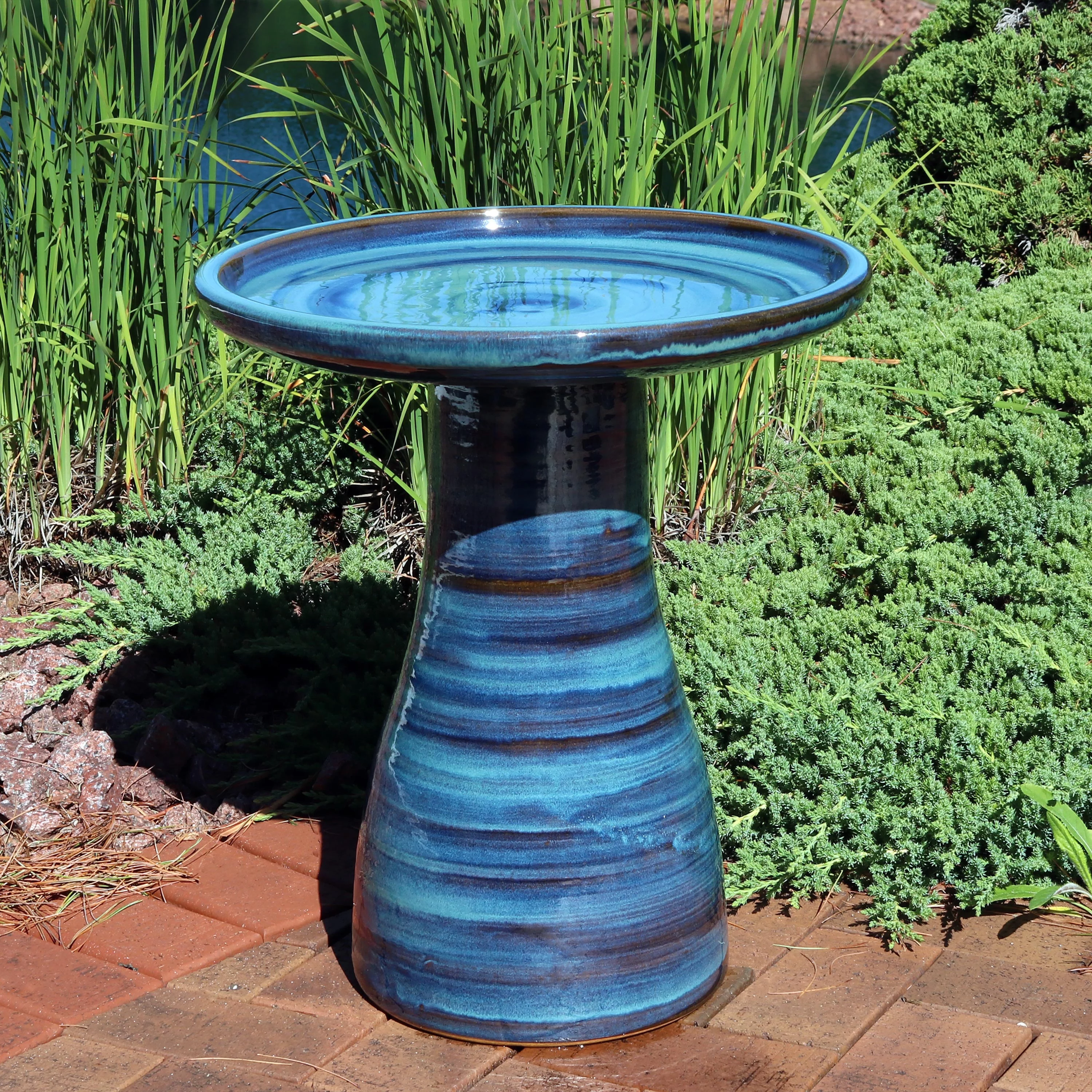 Sunnydaze Glazed Ceramic Outdoor Bird Bath - 18" - Galaxy Blue