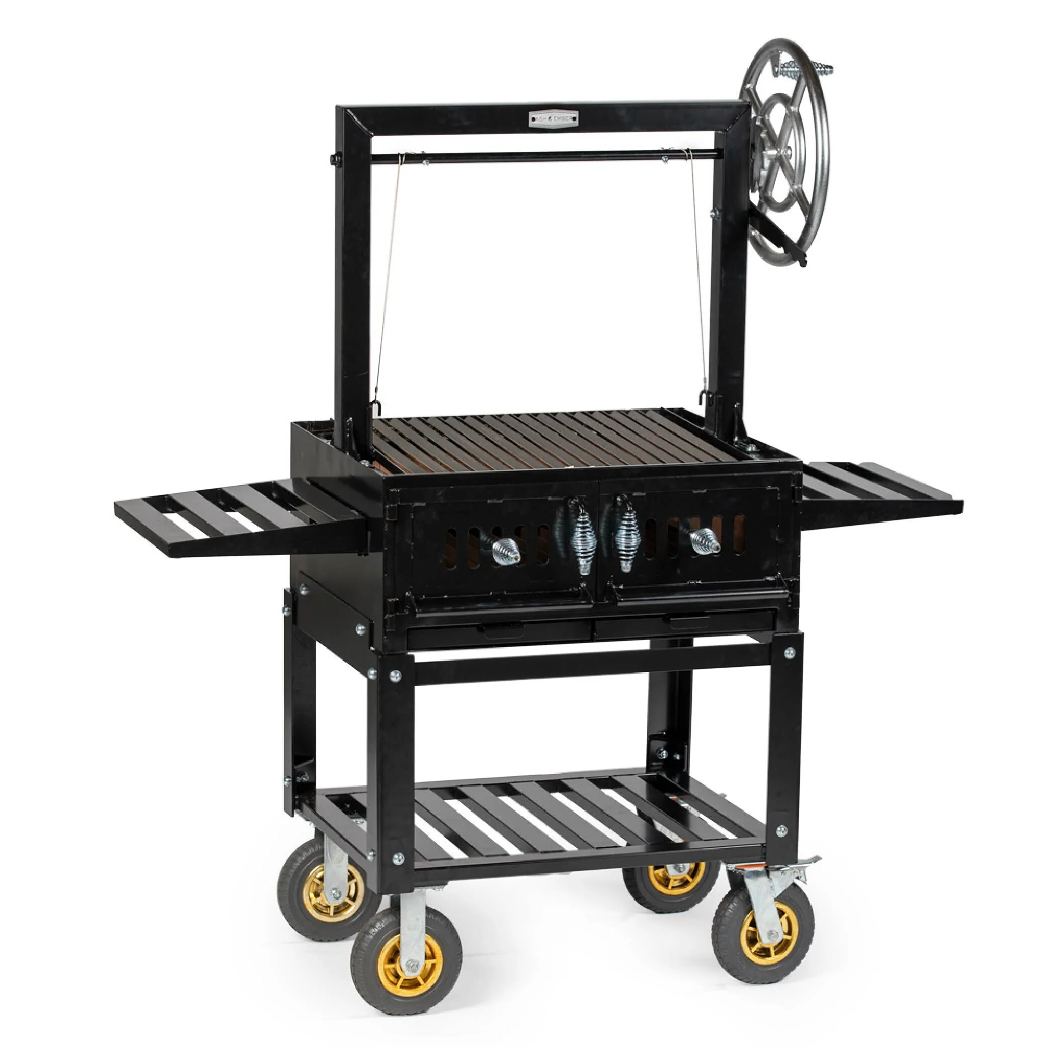 Ash & Ember Santa Maria Grill, Steel Wood & Charcoal Argentine Grill, Flywheel for Adjustable Grate Height, BBQ Grill with Ceramic Brick Lining