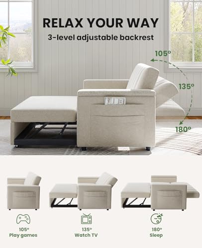 Marsail Sofa Bed, 3-in-1 Convertible Sleeper Sofa, Futon Couch with USB Charging, Side Pockets & Adjustable Backrest, Pull Out Couch for Living Room