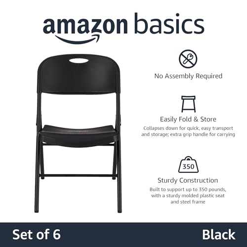Amazon Basics Sturdy Foldable Plastic Chair, Portable, 350-Pound Capacity, White, 6-Pack