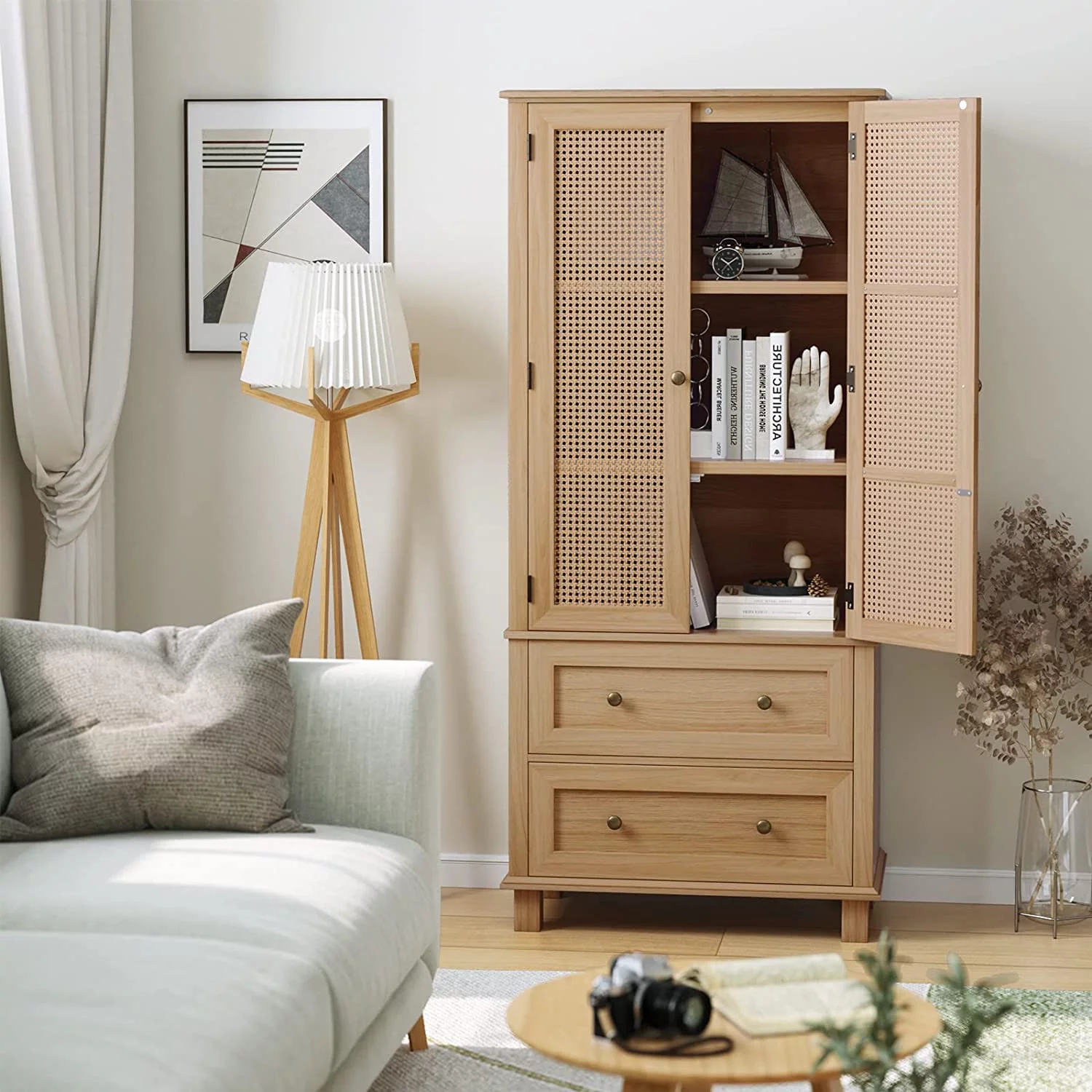 Kitchen Pantry Storage Cabinet, Tall Cabinet with Rattan Doors and 2 Drawers, Freestanding Cupboard with Adjustable Shelves