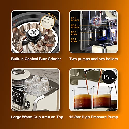 Mcilpoog TC520 Espresso Machine with Milk Frother，Semi Automatic Coffee Machine with Grinder