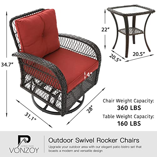 3 Pieces Patio Furniture Set, Outdoor Swivel Glider Rocker, Wicker Patio Bistro Set with Rocking Chair, Thickened Cushions and Table for Porch (Blue)