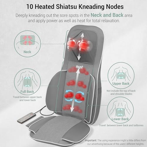 Mynt FSA HSA Eligible 3D Shiatsu Neck and Back Massager for Chair with 10 Deep Kneading Nodes, Back Massage with Heat