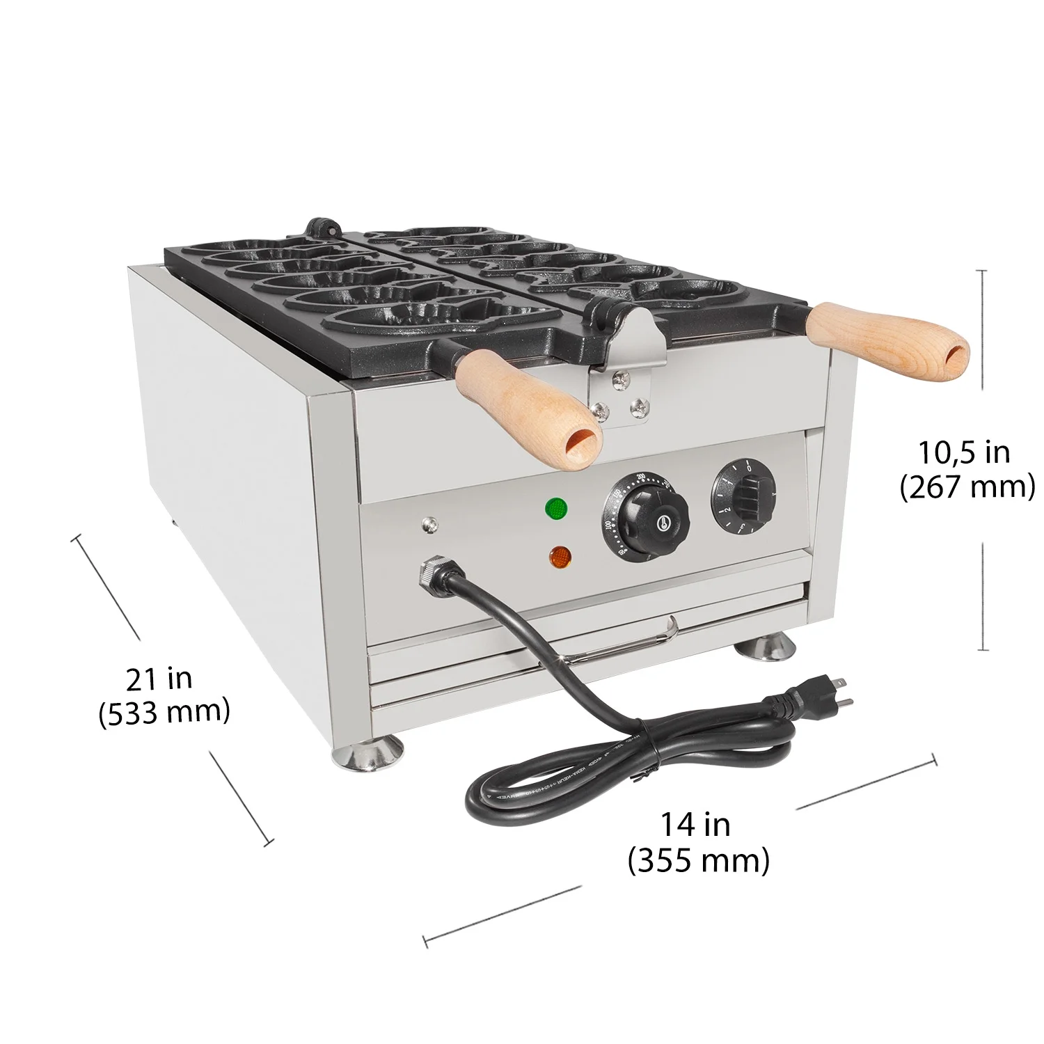 GorillaRock Taiyaki Iron | Electric Taiyaki Machine | 6 Close-Mouth Fish Shaped Waffles | Nonstick Coating | Wooden Handles