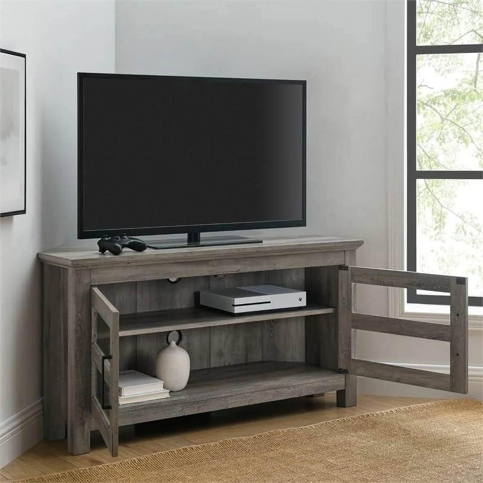 NLIBOOMLife 44" Modern Rustic Farmhouse Corner TV Stand Console with  for TV's up to 48"  Screen in Gray Wash