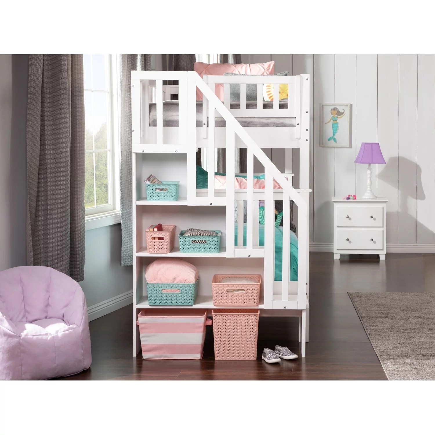 AFI Woodland Staircase Bunk Bed Twin over Twin with 2 Bed Drawers in White