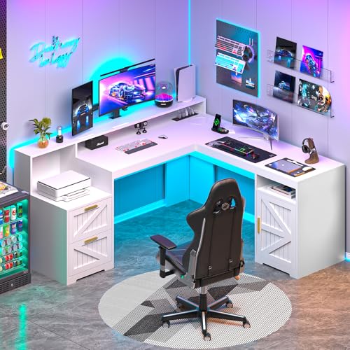 63" Farmhouse L Shaped Executive Desk with Drawers & Storage Shelf, Corner Computer Desk with Power Outlets, L Shaped Office Desk with Monitor Stand