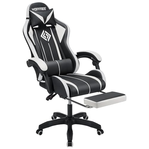 HOFFREE RGB Gaming Chair with Speakers Massage Computer Gaming Chair with LED Lights and Footrest High Back Video Game Chair for Adults Blue and Black