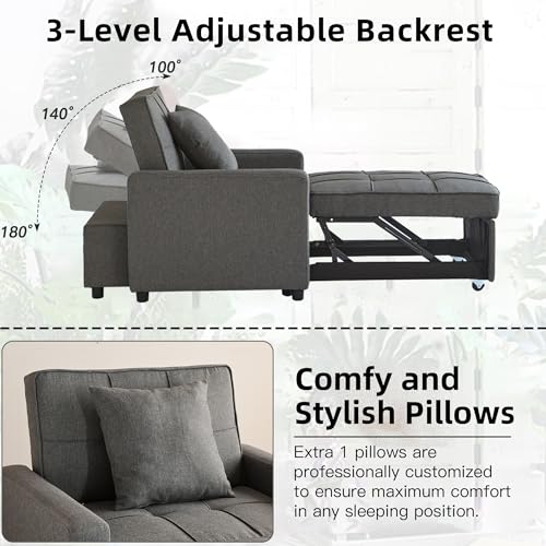 Sofa Bed Chair Convertible ，Sleeper Sofa with Pull-Out Bed ，3-in-1 Futon Couch with Reclining Backrest and Side Pocket (Blue, 35.6‘)