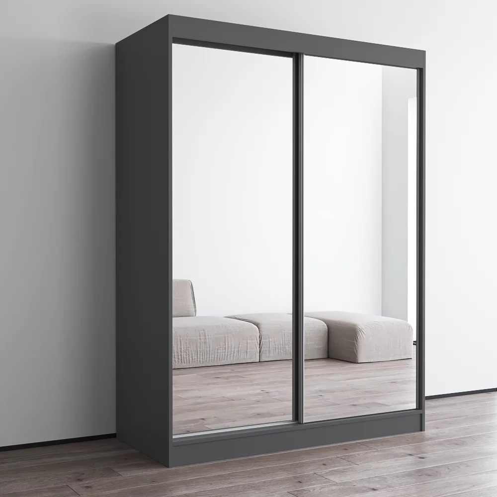 Aria 2 Door 59" Wide Modern High Gloss Wardrobe Armoire, Gray Body with All Mirror Fronts