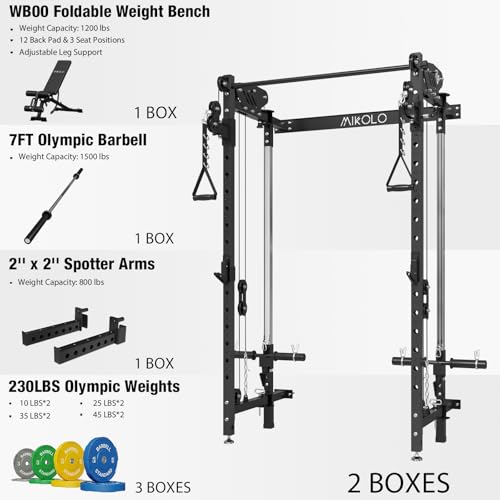 Mikolo Folding Squat Rack, Wall Mounted Power Rack with Cable Crossover Machine & LAT Pull Down, Functional Trainer with 5 Adjustable Function Modes